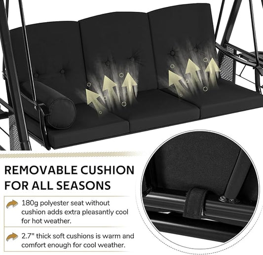 AECOJOY Outdoor Porch Swing, 3-Seat Porch Swing with Adjustable Canopy, Outdoor Swings for Adult with Black Removable Cushions for Backyard, Garden, Yard, Poolside, Balcony