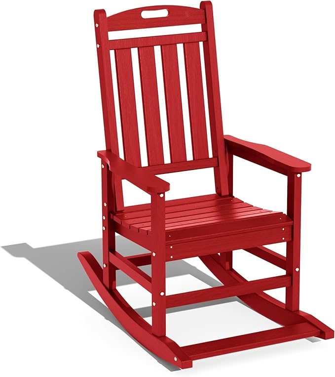 LOUNZY Outdoor Rocking Chair with Footboards Set of 5, HDPE Rocking Chair Patio Porch Rocker with 380lbs Support for Adult, Dark Red