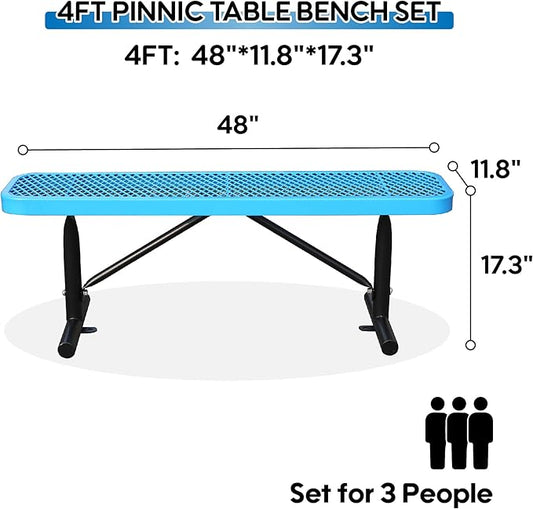 4 Ft Metal Park Benches for Outside, Outdoor Backless Bench with Thermoplastic Coating, Portable Frame, Commercial Expanded Metal Mesh Bench for Shopping Mall, Store, Park, Patio, Deck, Blue