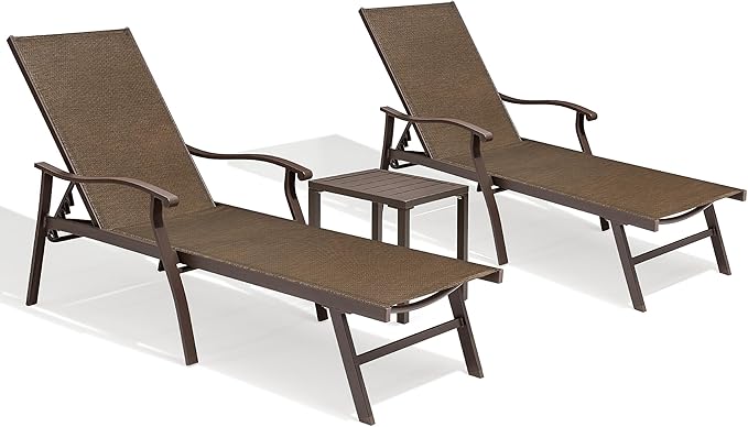 Crestlive Products Aluminum Chaise Lounge Set of 3,Patio Lounge Chairs Five-Position and Full Flat Outdoor Recliner All Weather for Patio, Beach, Yard, Pool (3PCS Brown)