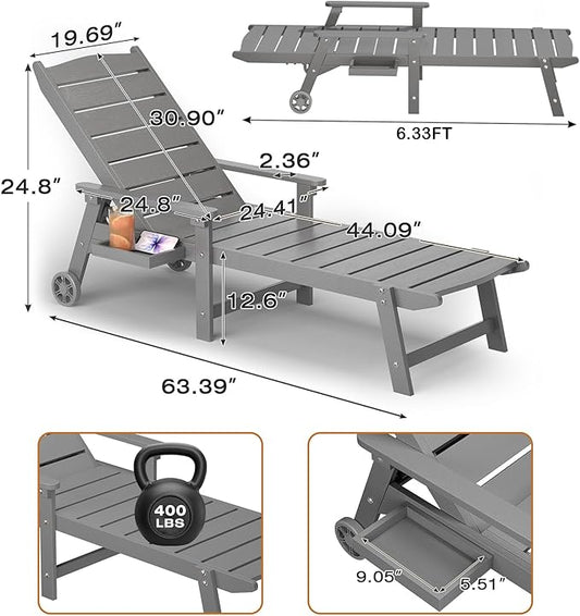 Pool Lounge Chairs Set of 2, 6.3ft Full-Length Patio Pool Lounge Chairs,5-Position Adjustable Backrest (Flat Recline), Flip-Down Side Tray,HIPS All-Weather for Poolside, Deck,Backyard, Beach