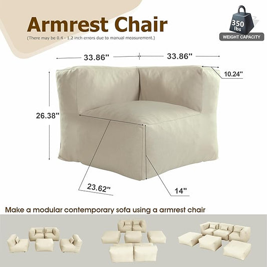 Patio Corner Chair, Outdoor Armrest Bean Bag Chair, Daybed Sofa Comfy Couch, Modular Patio Sectional Sofa, Water-Resistant Olefin Fabric, High-Density Foam Filled, Comfy Lounge Seat, Light Beige
