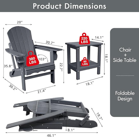 Folding Adirondack Chairs, Oversized HDPE Adirondack Chairs with Side Table and Cup Holder, Outdoor Fire Pit Chairs for Patio Garden and Backyard, Deck, Grey