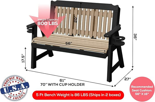 3-Person 5FT Plastic Poly Lumber Wood Cup Holders Bench Amish Craftsmanship Made in USA HDPE with No wood fibers Memorial Patio Outdoor Garden Porch Church Logan Series Signature design 800 lbs Limit