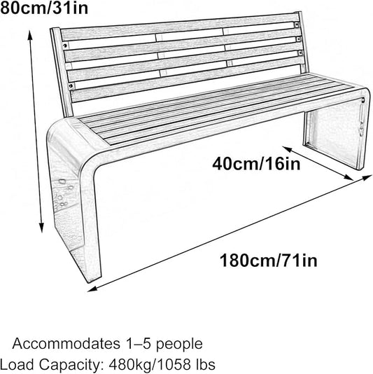3 Seater Outdoor Metal Garden Bench with Back, Weight Capacity 1210 Lbs, Suitable for Patios, Gardens, Courtyards, Parks(180x80x40cm/71x31x16in)