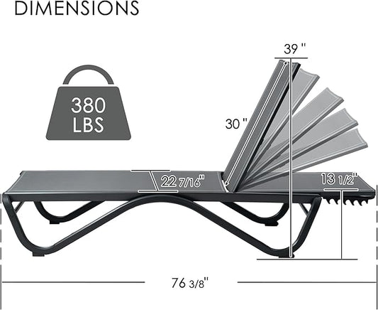Kozyard Outdoor Chaise Lounge Chair, Full Flat Adjustable Patio Lounger with Aluminum Frame & Resin Legs, Textilene Fabric for Poolside, Backyard & Beach (Gray, 2Chairs)
