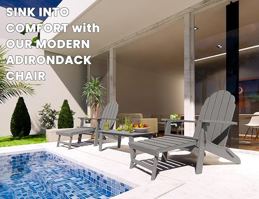 Folding Adirondack Chair with Retractable Ottoman, HDPE Plastic Patio Chairs for All Weather, Fire Pit Chair with Cup Holder, Outdoor Lawn Chairs for Deck, Porch, Backyard, Gray