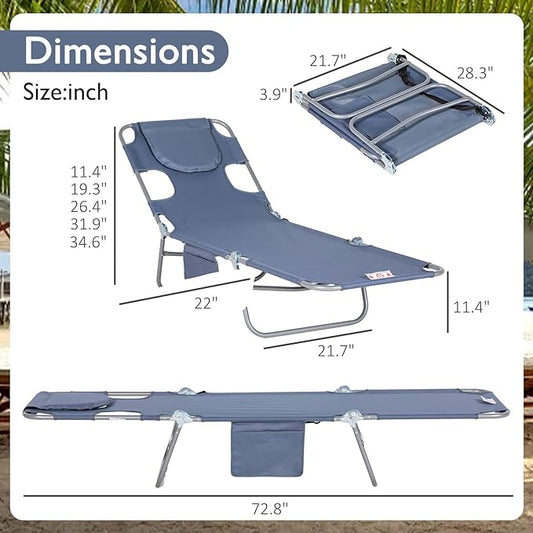 3-in-1 Heavy Duty Tanning Chair with Face Hole Adjustable 5-Position Folding Chaise Lounge Chairs Portable Lay Flat Beach Lounge Chair for Outdoor Sunbathing Patio Pool Lawn Camping Deck (Gray 2)