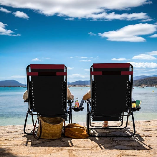 Nestl Outdoor Padded Zero Gravity Chair Set of 2, Patio Lounge Chair Outdoor Recliner, Oversized Anti Gravity Lounger with Adjustable Headrest and Cup Holder, Foldable for Camping - Black/Burgundy