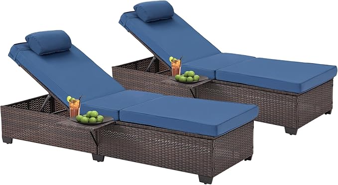 HOMREST PE Wicker Chaise Lounge Chairs Set of 2,Adjustable 5 Position Outside Rattanr Patio Pool Chair with Headrest,Cushion and Storage Rack for Poolside Backyard Porch, (Blue)