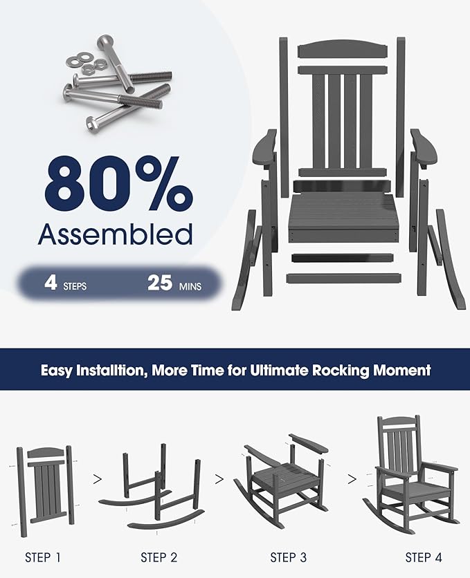 KINGYES Oversized Outdoor Rocking Chair with Cushion, All-Weather Patio Rocking Chairs, HDPE Porch Rocker for Adults, 350 lbs Capacity, Grey Chair with Flower Cushion