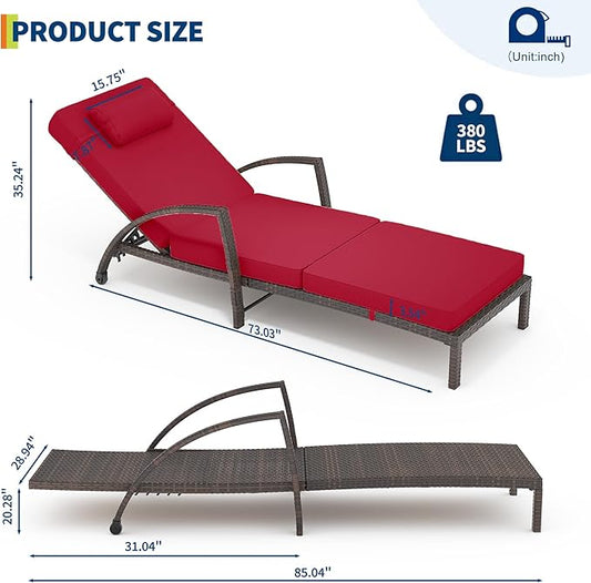 Outdoor Chaise Lounge Set of 2 Rattan Patio Folding Chaise Lounge Adjustable 5 Position Back Patio Pool Lounge Chair with Cushion Pillow for Poolside Backyard Deck Porch Red