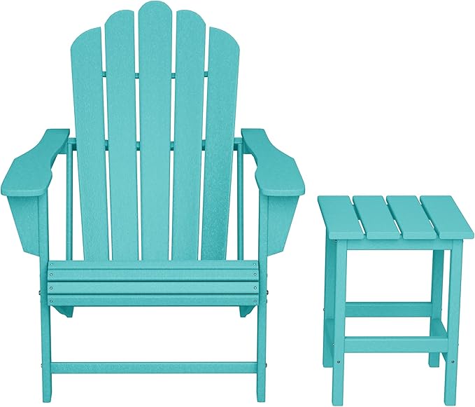 Costaelm Lakeview Outdoor Patio HDPE Adirondack Chair with Cup Holder and Table Set, Turquoise