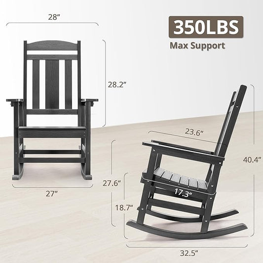 LUE BONA Outdoor Rocking Chairs Set of 2, Weather Resistant HDPS Poly Rocker Chairs, 350lb Heavy Duty, Oversized Porch Rocker for Adult, High Back Smooth Rocking Chairs for Outdoor & Indoor, Gray