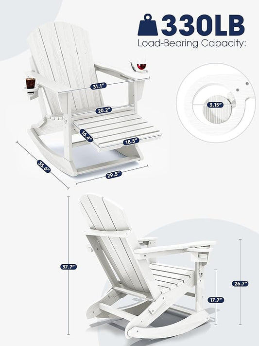 KINGYES Adirondack Rocking Chair with Retractable Ottoman and Cup Holders, HDPE Adirondack Rocker Patio Rocking Chair for Porch, Patio, Balcony, White