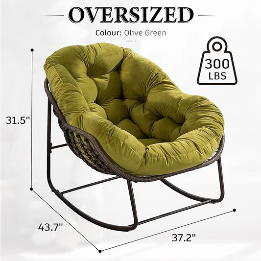 Large Indoor Outdoor Rocking Chair, Oversized Rocking Papasan Chair with Thick Cushion and Frame Outdoor Rocker, Comfy Wicker Egg Chairs Lounge for Outside Porch Patio Backyard (Olive Green, Set of 2)
