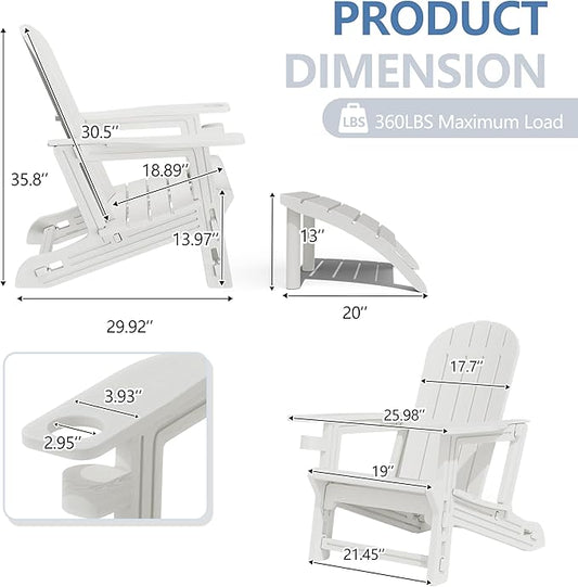 Shintenchi Adirondack Chair Set of 2,HDPE Adirondack Chairs with Umbrella Hole Connecting Tray & 2 Curved Ottoman,Plastic Outdoor Chairs with Cup Holders for Garden Backyard Pool,White