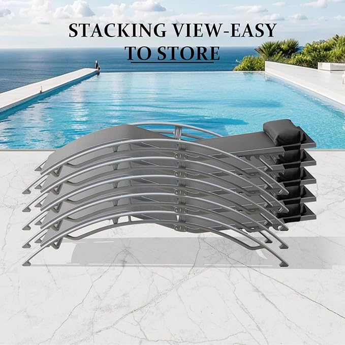Domi Pool Lounge Chairs Set of 3, Adjustable Aluminum Outdoor Chaise Lounge Chairs with Metal Side Table, All Weather for Deck Lawn Poolside Backyard -Dark Grey Textilene