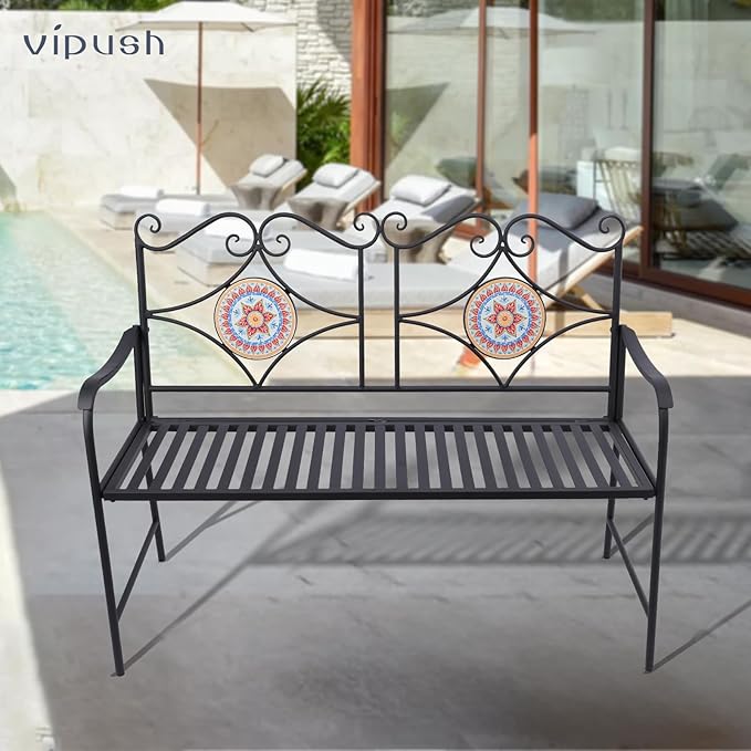Vipush Outdoor Mosaic Benches - 47Inch Cast Iron Steel Frame Garden Bench Patio Furniture Chair Outdoor Bench Floral Design Backrest, Slatted Seat for Park, Yard & Porch