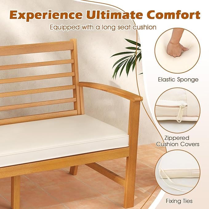 Tangkula 64 Inch Patio Acacia Wood Bench, 3-Seat Extra Long Chair with Cushion, Slatted Seat & Backrest, 3-Person Outdoor Wood Bench for Backyard, Porch, Balcony & Garden