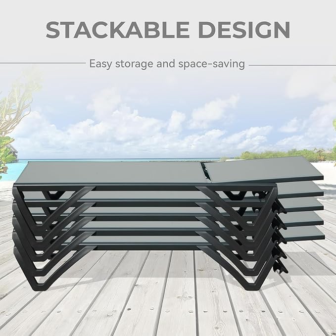Outdoor Lounge Chairs Set of 2, Aluminum Pool Lounge Chairs with 5 Adjustable Backrest and Side Table, Full Flat Patio Lounge Chair for Sunbathing & Tanning, Poolside, Patio, Beach -Grey