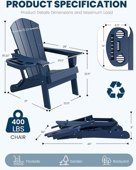 FOOWIN Folding Adirondack Chair Set of 8, HDPE Adirondack Chairs with Cup Holder, Weather Resistant Plastic Fire Pit Chairs for Outdoor, Patio, Lawn, Garden, Backyard, Deck, Dark Blue