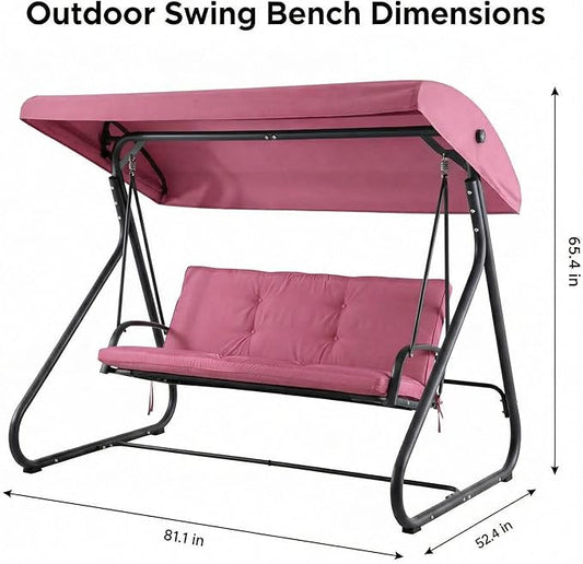 3-Seat Outdoor Convertible Swing Glider with Adjustable Canopy, 2-in-1 Bench to Flat Bed, Removable Cushions, Heavy-Duty Metal Frame, 750 LBS Weight Capacity for Patio, Backyard, Porch, Garden, Red