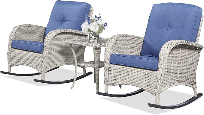 Belord Outdoor Rocking Chairs Set of 2, Wicker Rocker Rocking Chairs for Porch, 3 Pieces Patio Furniture Sets Rocking Bistro Set with Cushions and Side Table