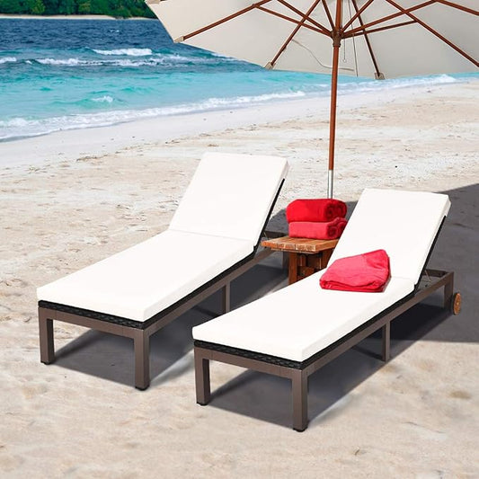 Tangkula 2PS Patio Chaise Lounge Chair, Outdoor Rattan Lounger Recliner Chair W/Wheels, Wicker Chaise Chair W/Cushioned Seating, Recliner 5-Position Adjustable for Garden, Patio, Poolside (2, Beige)