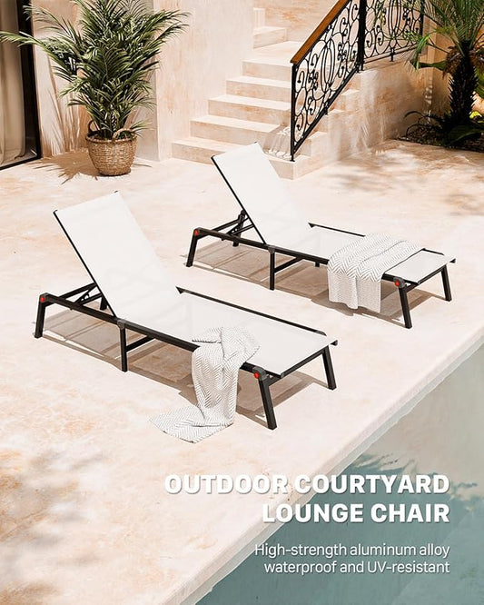 Aluminum Patio Chaise Lounge Chair Set of 2 with Side Table,5-Position Adjustable Backrest,Foldable Lounge Chair Outdoor,Pool Lounge Chairs for Poolside,Lawn,Deck,Beach (White, 2 Pack+Table)