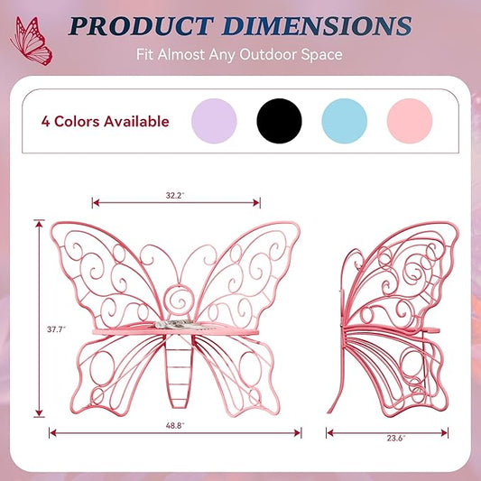49 Inch Outdoor Bench, Pink Garden Bench with Metal Frame, Weatherproof Butterfly Front Porch Benches for Lawn, Garden, Yard, Balcony