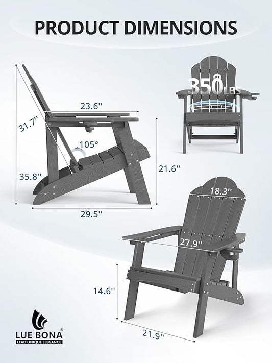 LUE BONA Matte HDPE Adirondack Chairs Set of 8 - Weather Resistant Outdoor Seating with Cup Holder, Ideal for Urban Patio, Deck, Fire Pit, Cafe & Commercial Space, Dark Gray