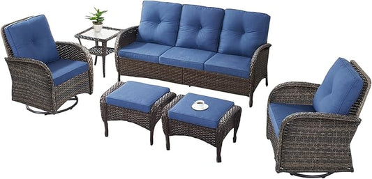 6 Pieces Furniture-Patio Swivel Rocker Chairs Set of 2 3-Seater Wicker Couch with Outdoor Ottoman Outdoor Patio Furniture Set for Deck Porch Garden Balcony Poolside-Brown/Blue