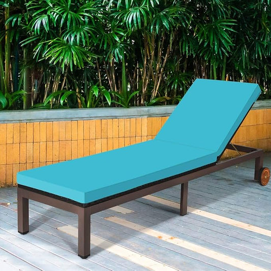 Tangkula Patio Chaise Lounge Chair, Outdoor Rattan Lounger Recliner Chair with Wheels, Wicker Chaise Chair W/Cushioned Seating, Recliner 5-Position Adjustable for Garden Patio Poolside (1, Turquoise)