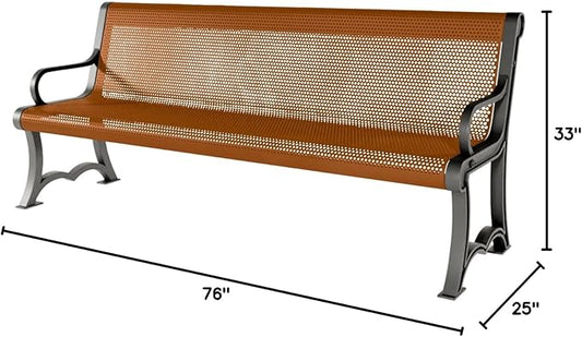 COATEDOUTDOORFURNITURE Heavy-Duty Outdoor Bench Thermoplastic Coated, Punched Steel, Commercial-Grade Garden Bench, Made in America (Portable with Back, 6 Ft, Textured Copper)