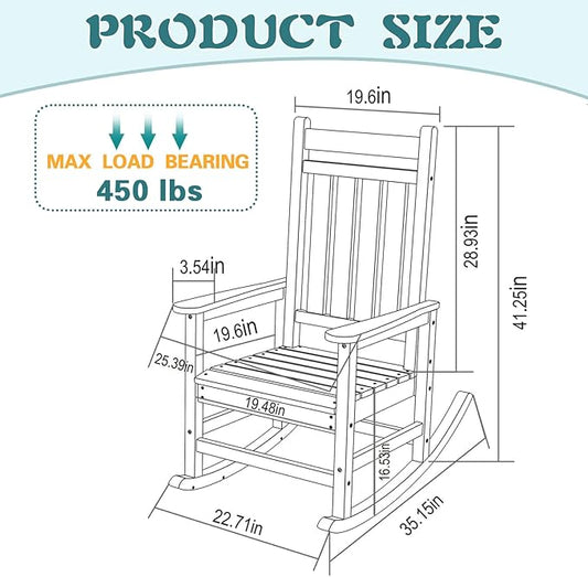 Outdoor Rocking Chair for Adults, High Back Patio Rocking Chair, HDPE All Weather Resistant Porch Rocker for Lawn, Porch, Backyard, Indoor and Garden (White)