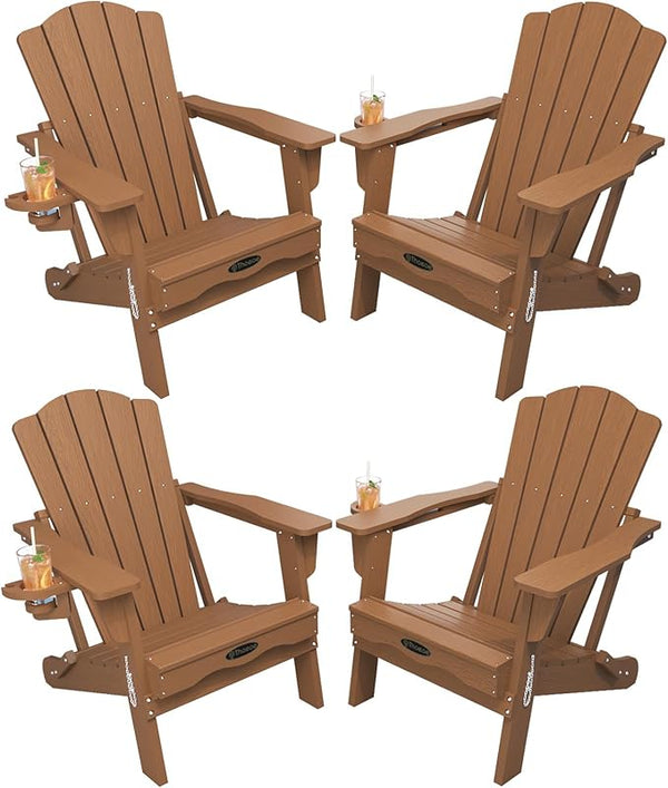 Folding Adirondack Chair Set of 4, HDPE All-Weather Outdoor Chair with Cup Holder, Wooden Textured, Fire Pit Chair - Photo 1