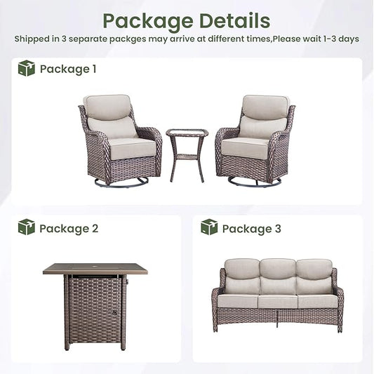 Luxury Patio Furniture Set with 6-inch Thick Cushion, Outdoor Furniture with Fire Pit Table, Swivel Chairs, Side Table, Sofa, 5pcs Wicker Conversation Set for Deck Yard and Poolside(Beige)