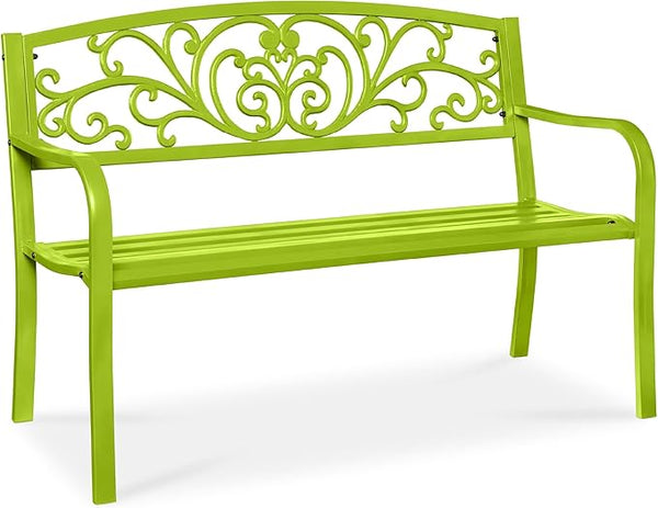 Best Choice Products Outdoor Bench Steel Garden Patio Porch Furniture for Lawn, Park, Deck w/Floral Design Backrest, Slatted Seat - Lime Green