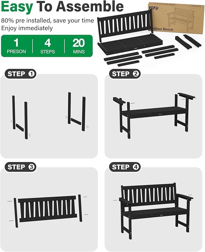 YEFU Outdoor Bench Weatherproof for Patio: 2-Person HIPS All Weather Garden Benches - Comfortable & Heavy Duty Patio Benches for Front Porch Backyard Park - Outside Furniture Bench Set of 2, Black