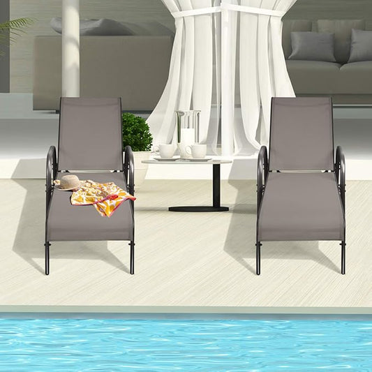 COSTWAY Outdoor Lounge Chairs Set of 2, Patio Chaise Lounge Recliner with Heavy Duty Steel Frame, 5-Position Adjustable Backrest for Deck, Beach, Pool (2, Brown)