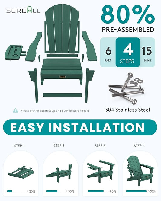 SERWALL Folding Adirondack Chair Set of 2, HIPS Adirondack Chairs with 4 in 1 Cup Holder, Weather Resistant Plastic Chairs for Patio Garden Outdoors Fire Pit - Green
