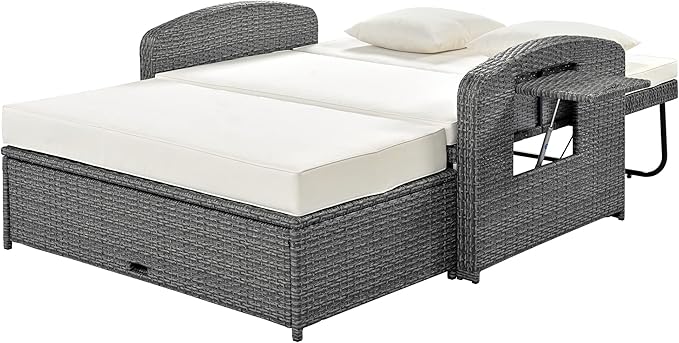 Merax Chaise Lounge Outdoor, Double PE Wicker Rattan Patio Reclining Chair, 2-Person Sunbed with 3 Adjustable Backrest & Free Furniture Protection Cover, White
