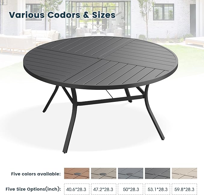 Patio Dining Table for 6, Round Metal Outdoor Table with Storage Shelf, 1.57" Umbrella Hole, 50" Outdoor Quartered Tabletop Dining Table for Backyard, Porch, Lawn, Black