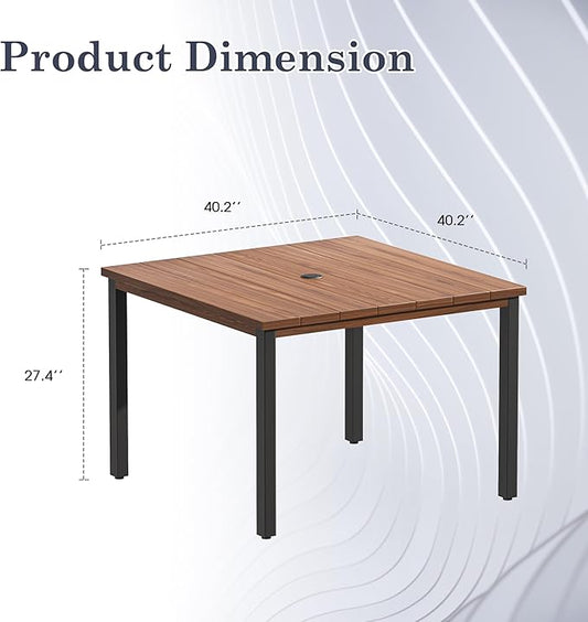 Outdoor Dining Table with Adjustable Umbrella Hole, 40.2" All-Weather Square Patio Dining Table for 4, Metal Patio Table for Garden Lawn Porch Deck Yard, Walnut