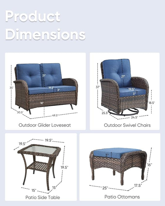 6 Pieces Patio Wicker Furniture Set-Outdoor Swivel Chairs Set of 2 Outdoor Glider Love seat with Outdoor Footstool Patio Furniture for Deck Porch Garden Balcony Poolside-Brown/Blue