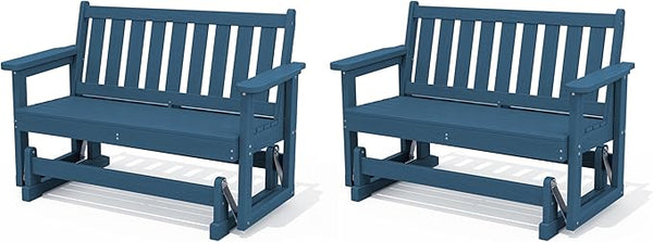 SERWALL Outdoor Glider Bench Set of 2, HDPE Weather-Resistant Swinging Bench for Backyard Garden Porch, Deep Navy - Photo 1