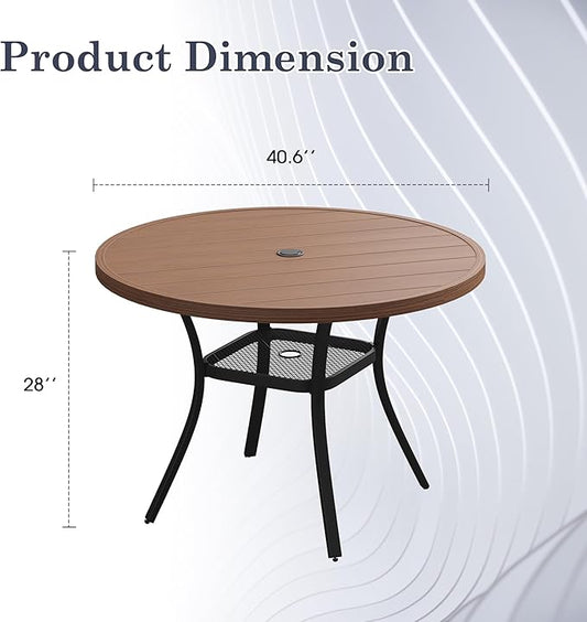 Outdoor Dining Table with Adjustable Umbrella Hole, 40.6" All-Weather Round Patio Dining Table for 4, Metal Patio Table with Storage Shelf for Garden Lawn Porch Deck Yard, Walnut