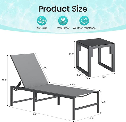 Amopatio 3 Piece Patio Lounge Chair Set Adjustable Outdoor Chaise Lounge with Side Table for Poolside Weather Resistant Pool Lounge Furniture Set for Backyard Beach, 400 LBS Capacity(Gray)