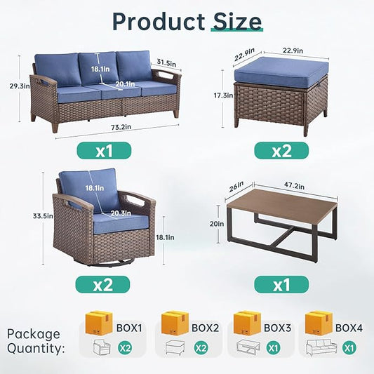 Luxury 8 Piece Heavy Duty Patio Furniture Set with Swivel Chairs - All Weather Wicker Comfort Thick Cushion Outdoor Conversation Set for Porch Poolside Deck - Blue